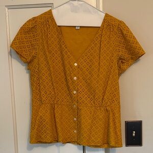 J. Crew Mustard Eyelet Button-Front Peplum Top